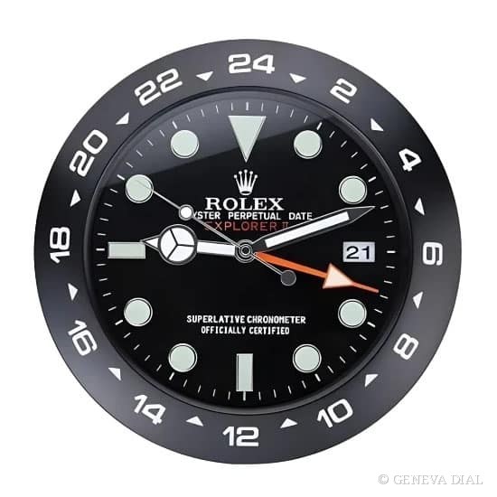 Horloge murale de luxe GENEVA DIAL 40 cm style Rolex Explorer II Wall Clock – All Black Style | 34 cm Luxury Edition cadran noir boîtier acier inoxydable 304L verre minéral loupe date