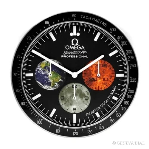 Relógio de parede de luxo GENEVA DIAL 40 cm estilo Moonwatch From the Moon to Mars Black & Silver, mostrador preto e prateado, caixa em aço inoxidável 304L, vidro mineral, lupa de data