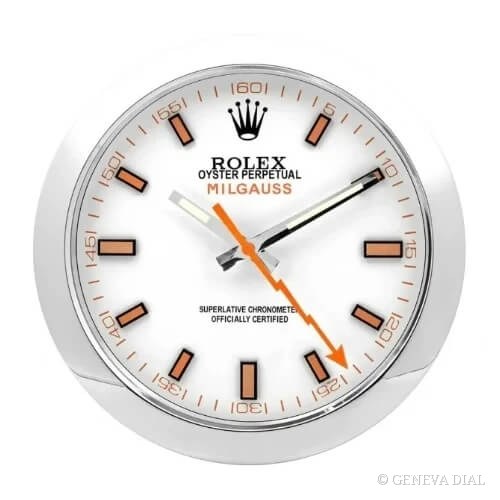 GENEVA DIAL 40cm 럭셔리 벽시계 Milgauss Style Wall Clock – White Dial & Orange Lightning Hand 스타일, 화이트 다이얼, 304L 스테인리스 스틸 케이스, 미네랄 글라스, 날짜 확대 렌즈