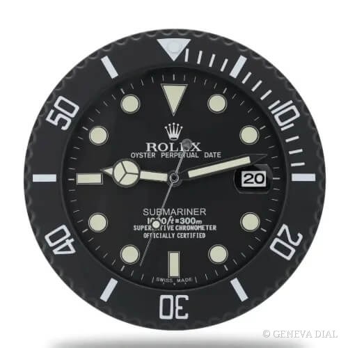 Horloge murale de luxe GENEVA DIAL 40 cm style 16 Inch XXL Submariner Wall Clock - Black cadran noir boîtier acier inoxydable 304L verre minéral loupe date