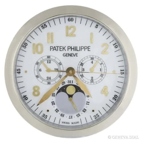 Horloge murale de luxe GENEVA DIAL 40 cm style Nautilus Style Wall Clock – Yellow Gold & Pure White cadran blanc et champagne doré boîtier acier inoxydable 304L verre minéral loupe date