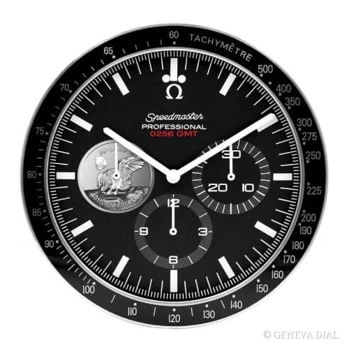 Relógio de parede de luxo GENEVA DIAL 40 cm estilo Moonwatch Apollo 11 40th Anniversary Silver, mostrador prateado, caixa em aço inoxidável 304L, vidro mineral, lupa de data