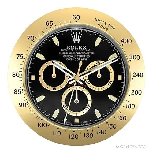 Horloge murale de luxe GENEVA DIAL 40 cm style Cosmograph Daytona Wall Clock – Yellow Gold & Black Dial cadran noir et champagne doré boîtier acier inoxydable 304L verre minéral loupe date