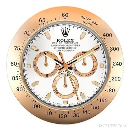 Horloge murale de luxe GENEVA DIAL 40 cm style Cosmograph Daytona Wall Clock – Everose Gold & Sundust cadran rose et champagne doré boîtier acier inoxydable 304L verre minéral loupe date
