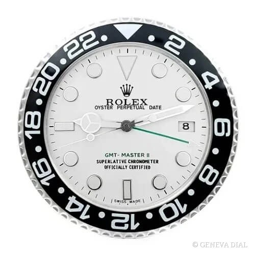 Horloge murale de luxe GENEVA DIAL 40 cm style GMT-Master II Wall Clock – Meteorite Dial White Gold cadran blanc et champagne doré boîtier acier inoxydable 304L verre minéral loupe date