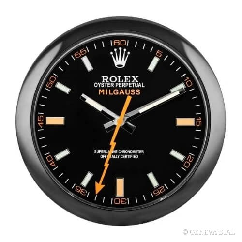 GENEVA DIAL 40cm 럭셔리 벽시계 Milgauss Style Wall Clock – Stealth PVD All-Black Edition 스타일, 블랙 다이얼, 304L 스테인리스 스틸 케이스, 미네랄 글라스, 날짜 확대 렌즈