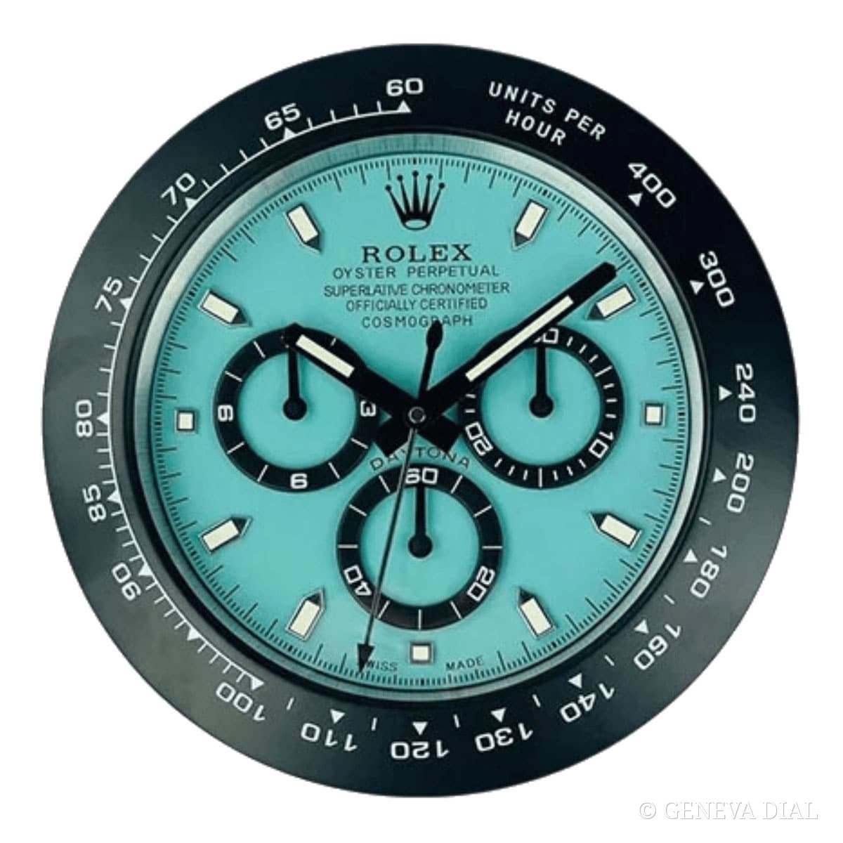 Horloge murale de luxe GENEVA DIAL 40 cm style Rolex Daytona Style Wall Clock – Black Bezel & Tiffany Blue Dial cadran noir et bleu boîtier acier inoxydable 304L verre minéral loupe date