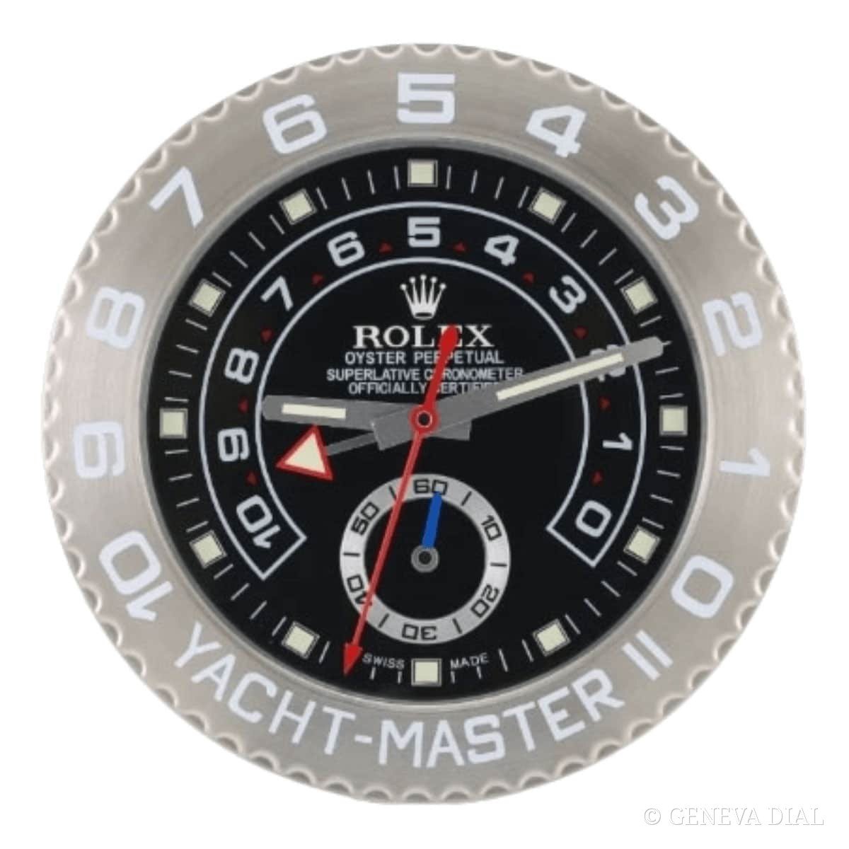 GENEVA DIAL 40cm 럭셔리 벽시계 Rolex Yacht-Master II Style Wall Clock – Bold Black Dial & Silver Edition 스타일, 블랙 · 실버 다이얼, 304L 스테인리스 스틸 케이스, 미네랄 글라스, 날짜 확대 렌즈
