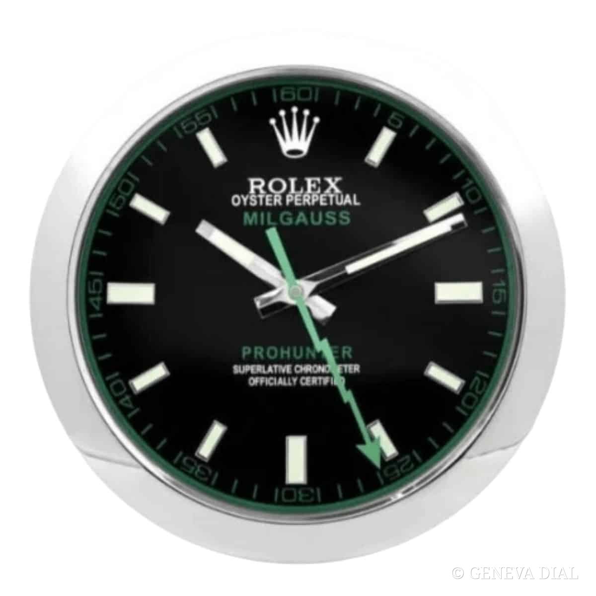 GENEVA DIAL 40cm 럭셔리 벽시계 Rolex Milgauss Style Wall Clock – “Pro Hunter” Green Lightning Edition 스타일, 그린 다이얼, 304L 스테인리스 스틸 케이스, 미네랄 글라스, 날짜 확대 렌즈