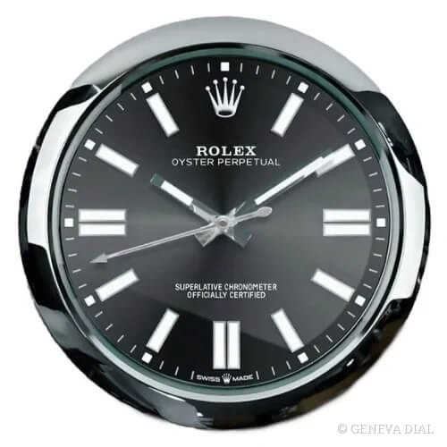 ساعة حائط فاخرة GENEVA DIAL مقاس 40 سم بطراز Oyster Perpetual Wall Clock – Bright Silver Sunburst Dial، ميناء فضي، علبة من الفولاذ المقاوم للصدأ 304L، زجاج معدني، عدسة مكبرة للتاريخ