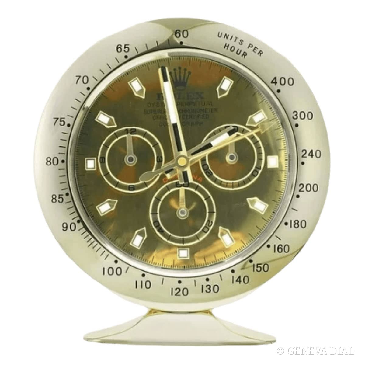 Horloge de bureau compacte 15 cm GENEVA DIAL style Rolex Daytona Style Desk Clock – Luxury Gold Edition with Radiant Gold Dial cadran champagne doré boîtier acier massif silencieux