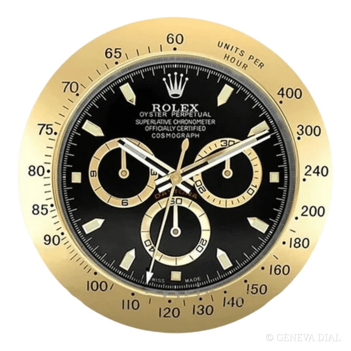 Horloge murale de luxe GENEVA DIAL 40 cm style Rolex Daytona Style Wall Clock – Gold Case & Black Dial cadran noir et champagne doré boîtier acier inoxydable 304L verre minéral loupe date