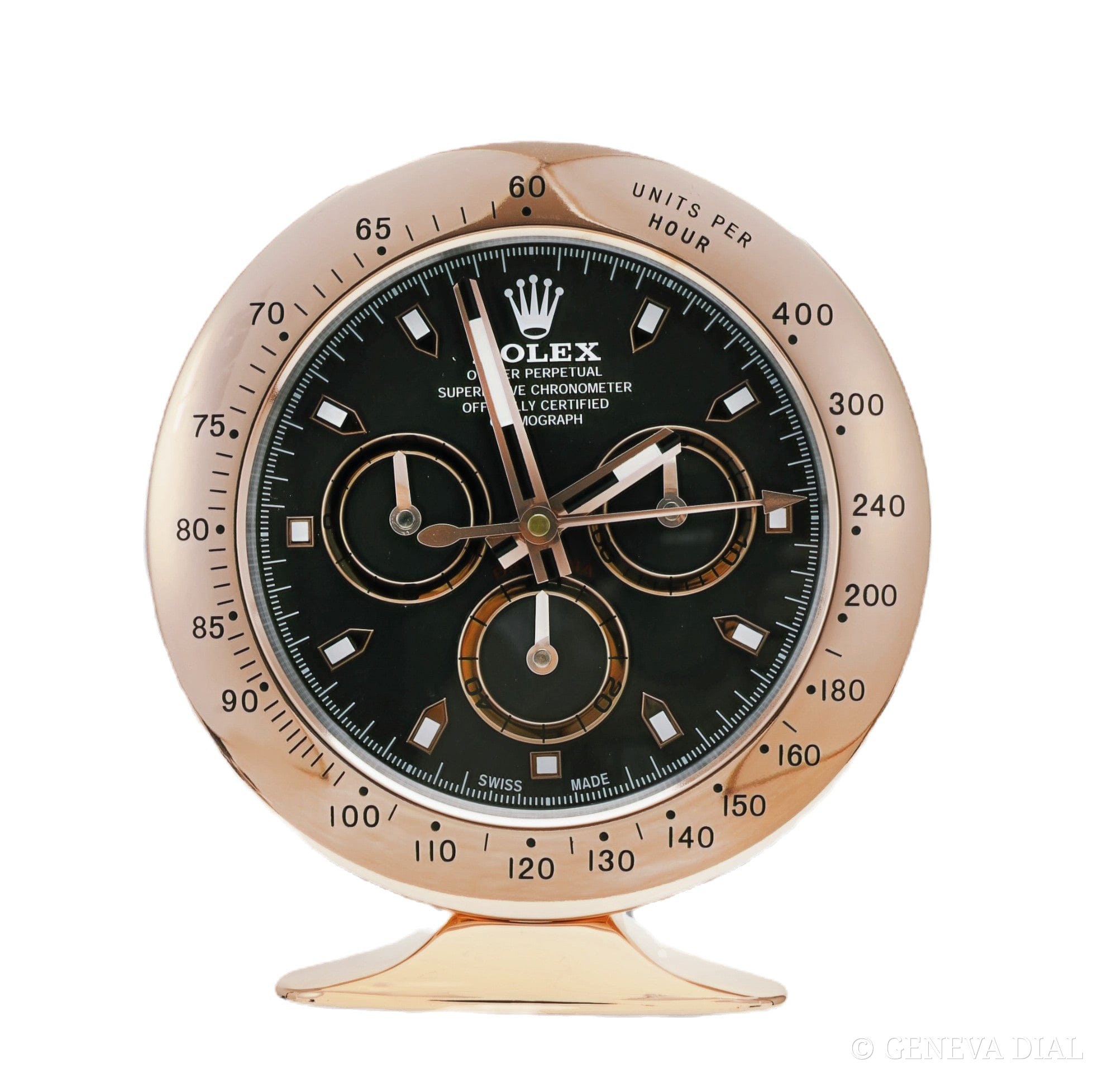 Horloge de bureau compacte 15 cm GENEVA DIAL style Daytona Rose Gold, Black Dial cadran noir et rose boîtier acier massif silencieux