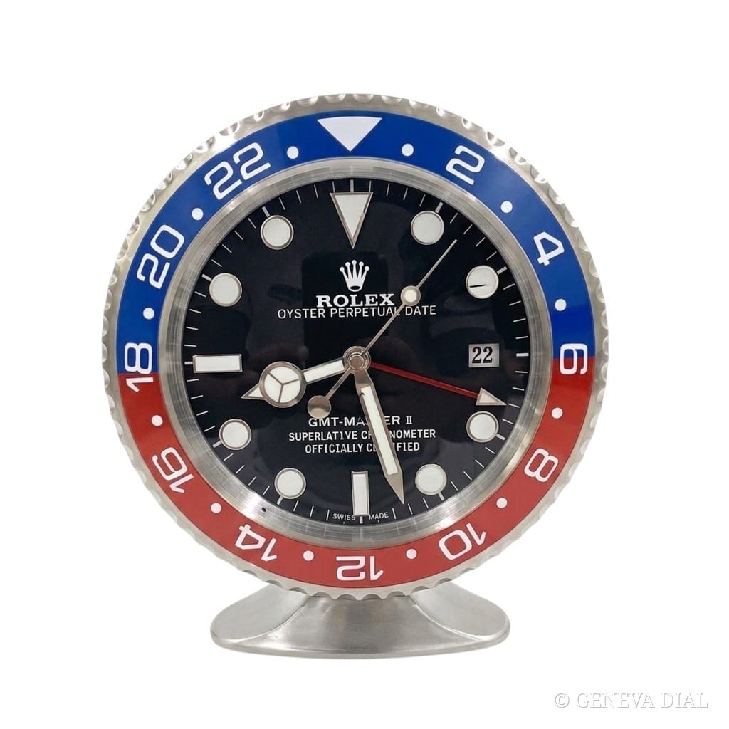 Horloge de bureau compacte 15 cm GENEVA DIAL style GMT-Master, Pepsi boîtier acier massif silencieux