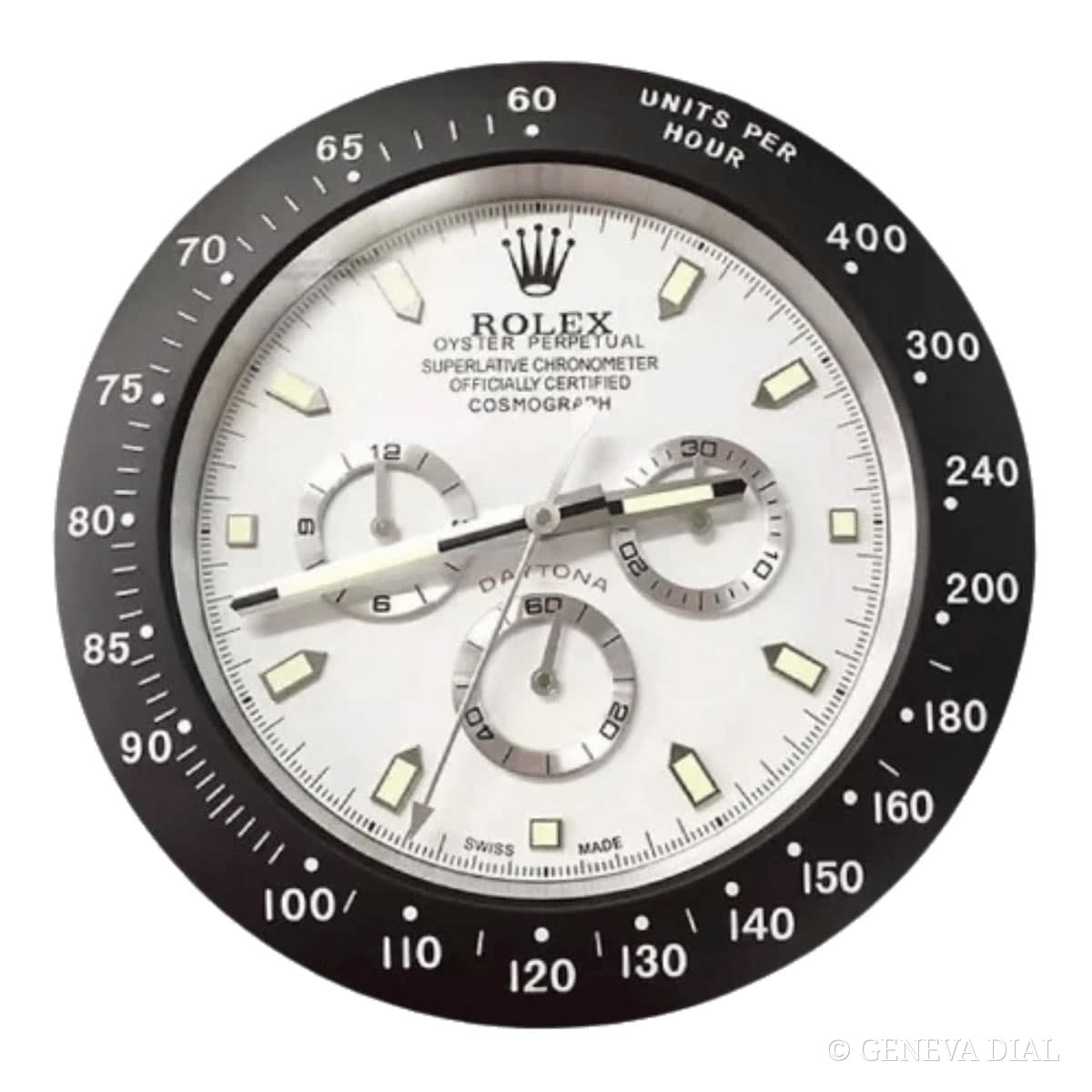 Horloge murale de luxe GENEVA DIAL 40 cm style Rolex Daytona Style Wall Clock – Black Bezel & White Dial cadran noir et blanc boîtier acier inoxydable 304L verre minéral loupe date