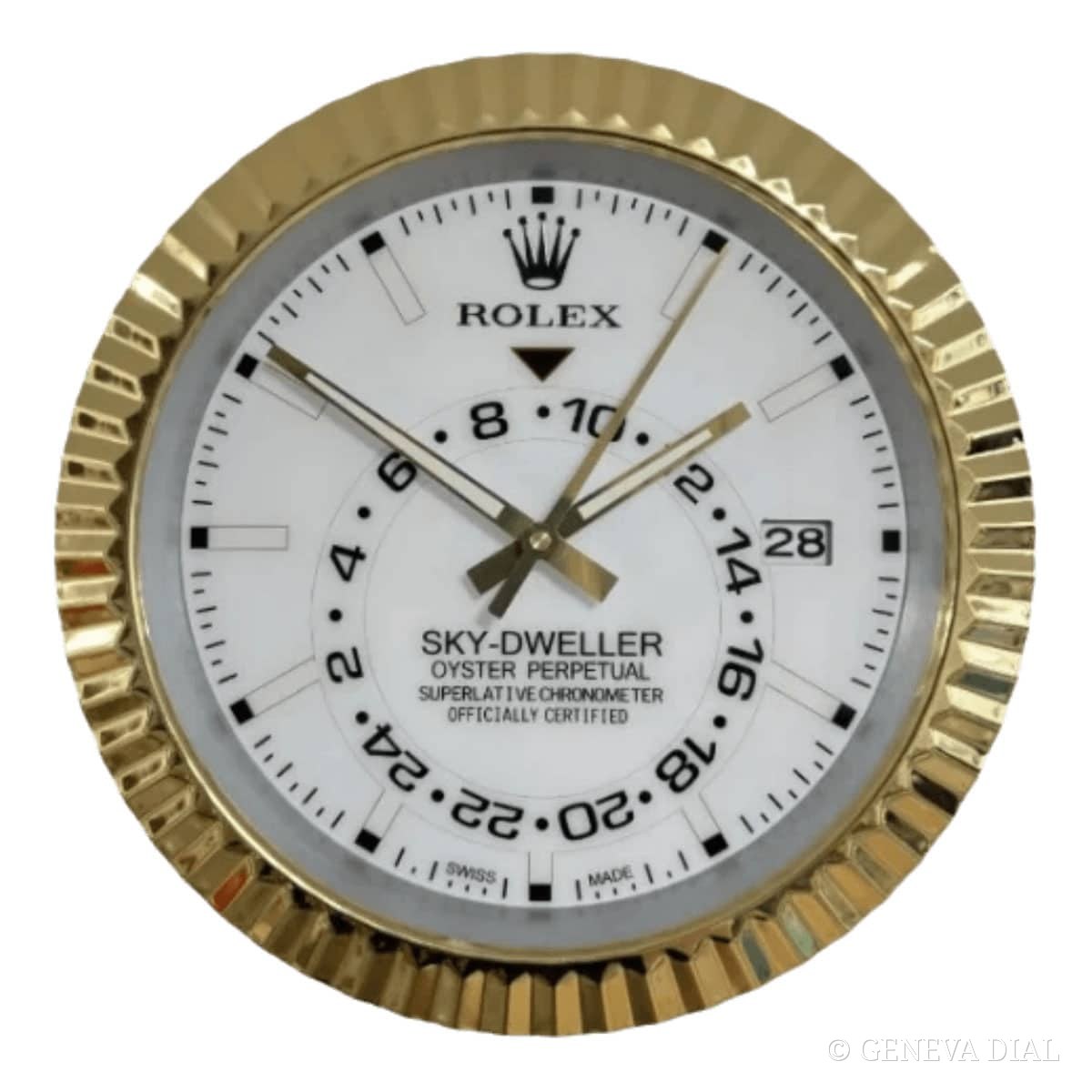 Horloge murale de luxe GENEVA DIAL 40 cm style Rolex Sky-Dweller Style Wall Clock – Gold Edition with White Dial cadran blanc et champagne doré boîtier acier inoxydable 304L verre minéral loupe date