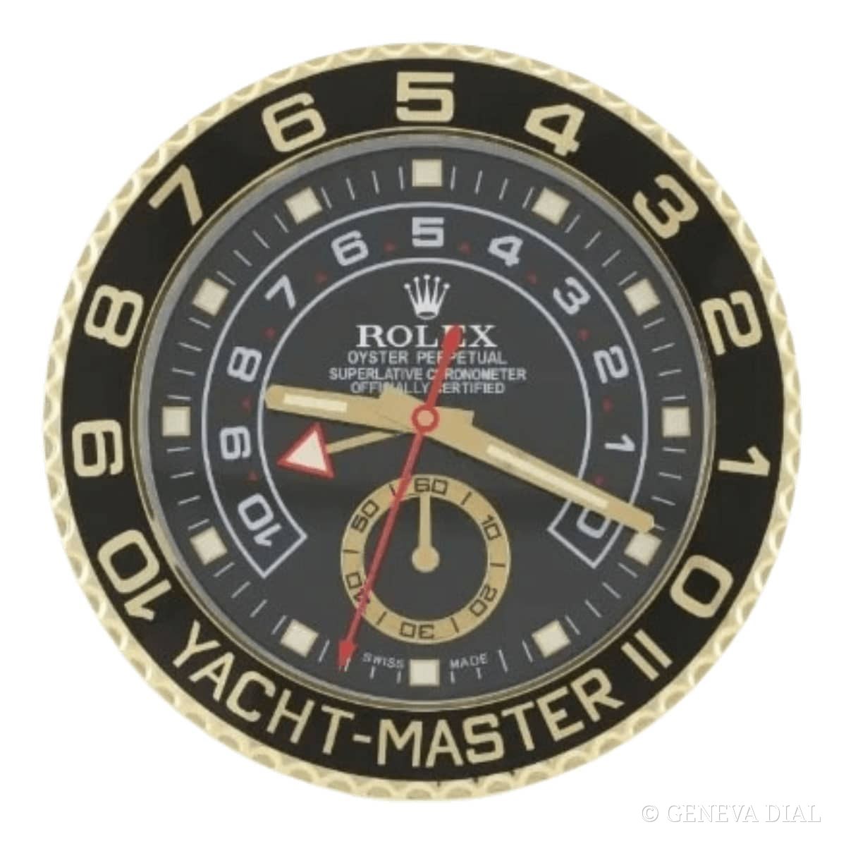 GENEVA DIAL 40cm 럭셔리 벽시계 Rolex Yacht-Master II Style Wall Clock – Gold Edition with Black Bold Dial 스타일, 블랙 · 샴페인 골드 다이얼, 304L 스테인리스 스틸 케이스, 미네랄 글라스, 날짜 확대 렌즈