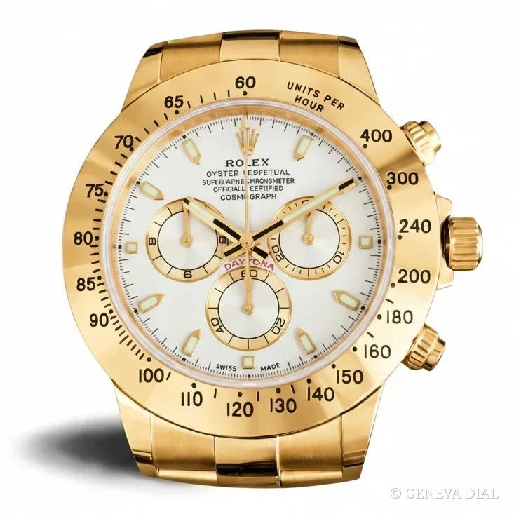 Horloge murale de luxe GENEVA DIAL 40 cm style Cosmograph Daytona Wall Clock – Yellow Gold & White Dial cadran blanc et champagne doré boîtier acier inoxydable 304L verre minéral loupe date