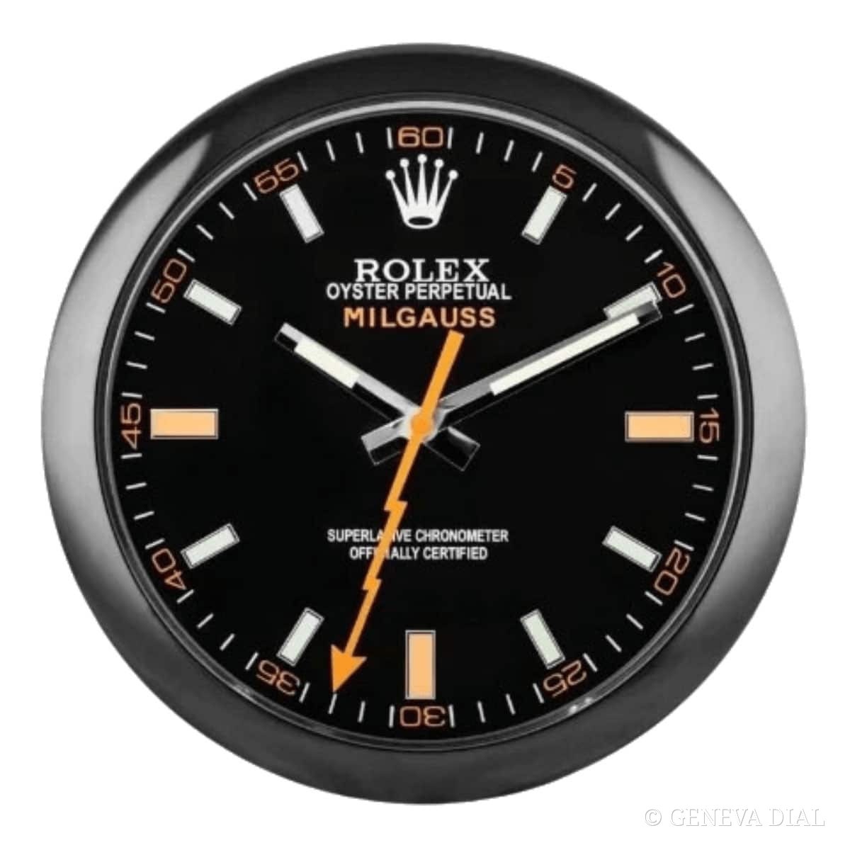 GENEVA DIAL 40cm 럭셔리 벽시계 Rolex Milgauss Style Wall Clock – All Black Case & Orange Lightning Hand 스타일, 블랙 다이얼, 304L 스테인리스 스틸 케이스, 미네랄 글라스, 날짜 확대 렌즈