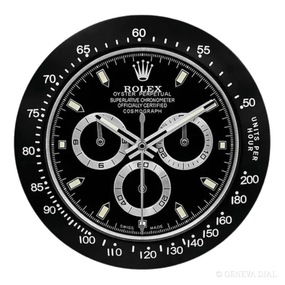 Horloge murale de luxe GENEVA DIAL 40 cm style Rolex Daytona Style Wall Clock – Black Dial & Bezel cadran noir boîtier acier inoxydable 304L verre minéral loupe date