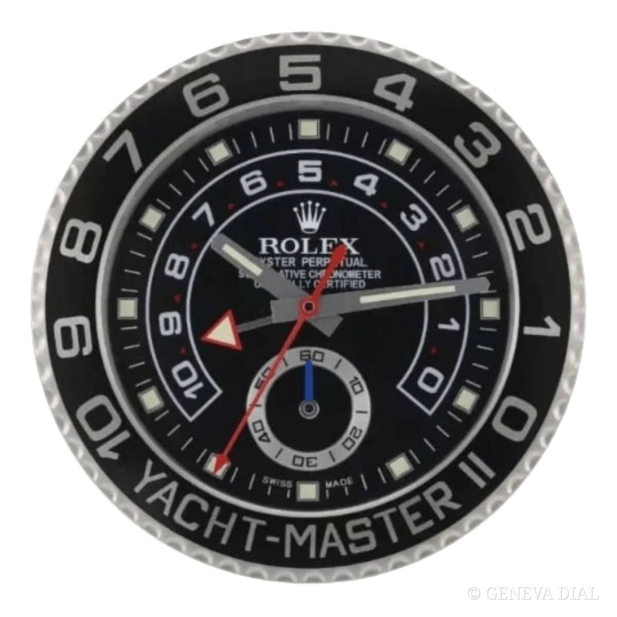 GENEVA DIAL 40cm 럭셔리 벽시계 Rolex Yacht-Master II Style Wall Clock – Brushed Silver Edition with Stealth Black Bezel 스타일, 블랙 · 실버 다이얼, 304L 스테인리스 스틸 케이스, 미네랄 글라스, 날짜 확대 렌즈