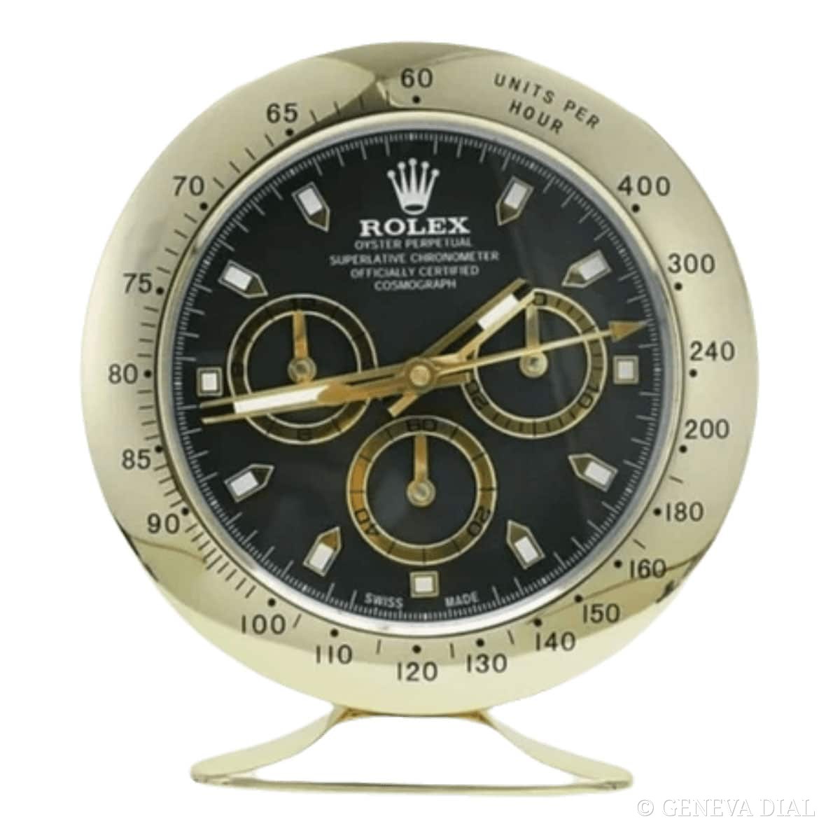 Horloge de bureau compacte 15 cm GENEVA DIAL style Rolex Daytona Style Desk Clock – Gold Edition with Classic Black Dial cadran noir et champagne doré boîtier acier massif silencieux