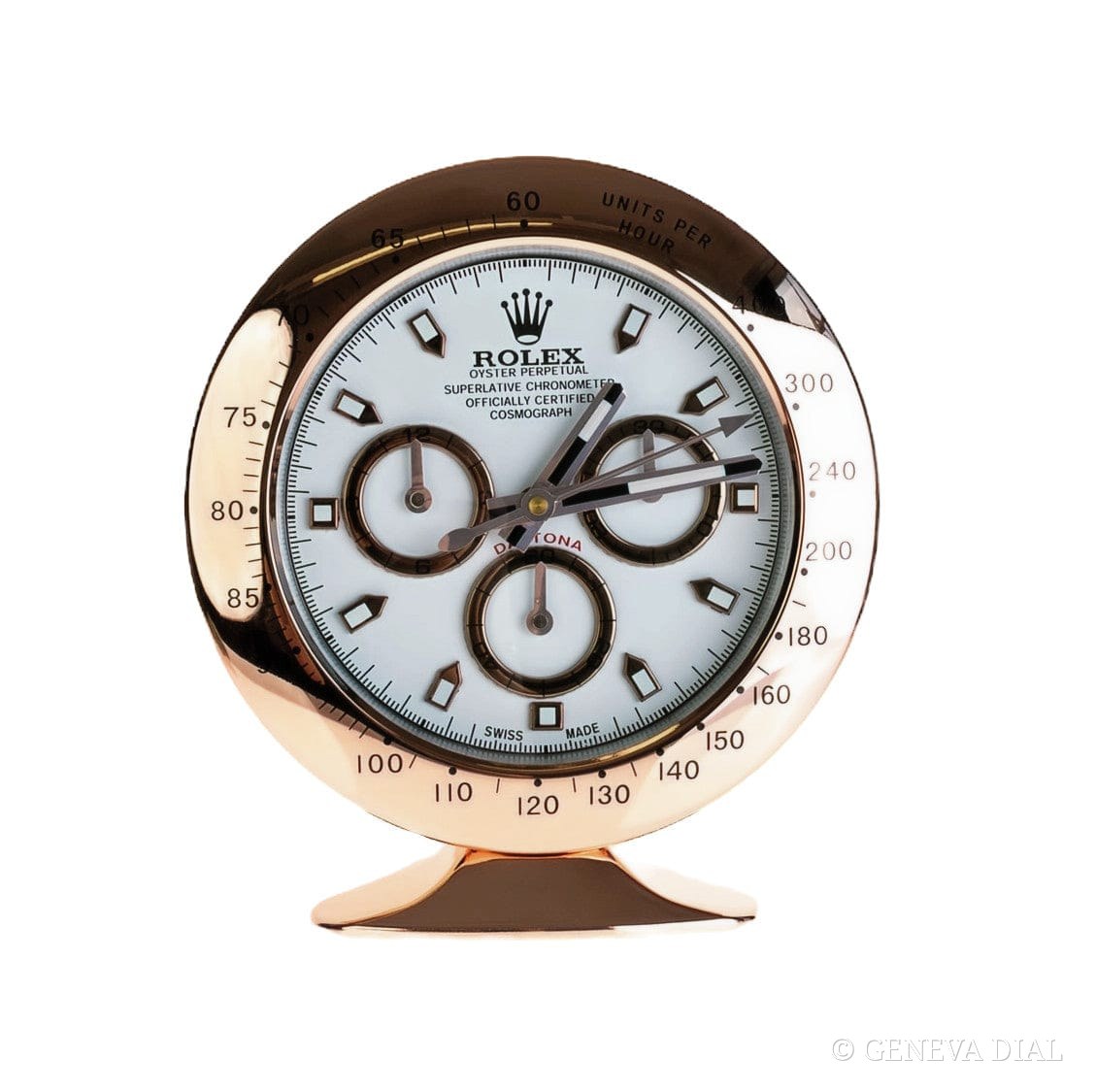 Horloge de bureau compacte 15 cm GENEVA DIAL style Daytona Rose Gold, White Dial cadran blanc et rose boîtier acier massif silencieux