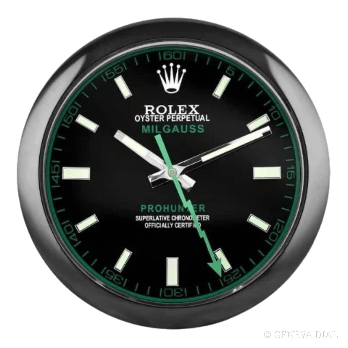 GENEVA DIAL 40cm 럭셔리 벽시계 Rolex Milgauss Style Wall Clock – All Black “Pro Hunter” Green Lightning (Luminous) 스타일, 블랙 · 그린 다이얼, 304L 스테인리스 스틸 케이스, 미네랄 글라스, 날짜 확대 렌즈