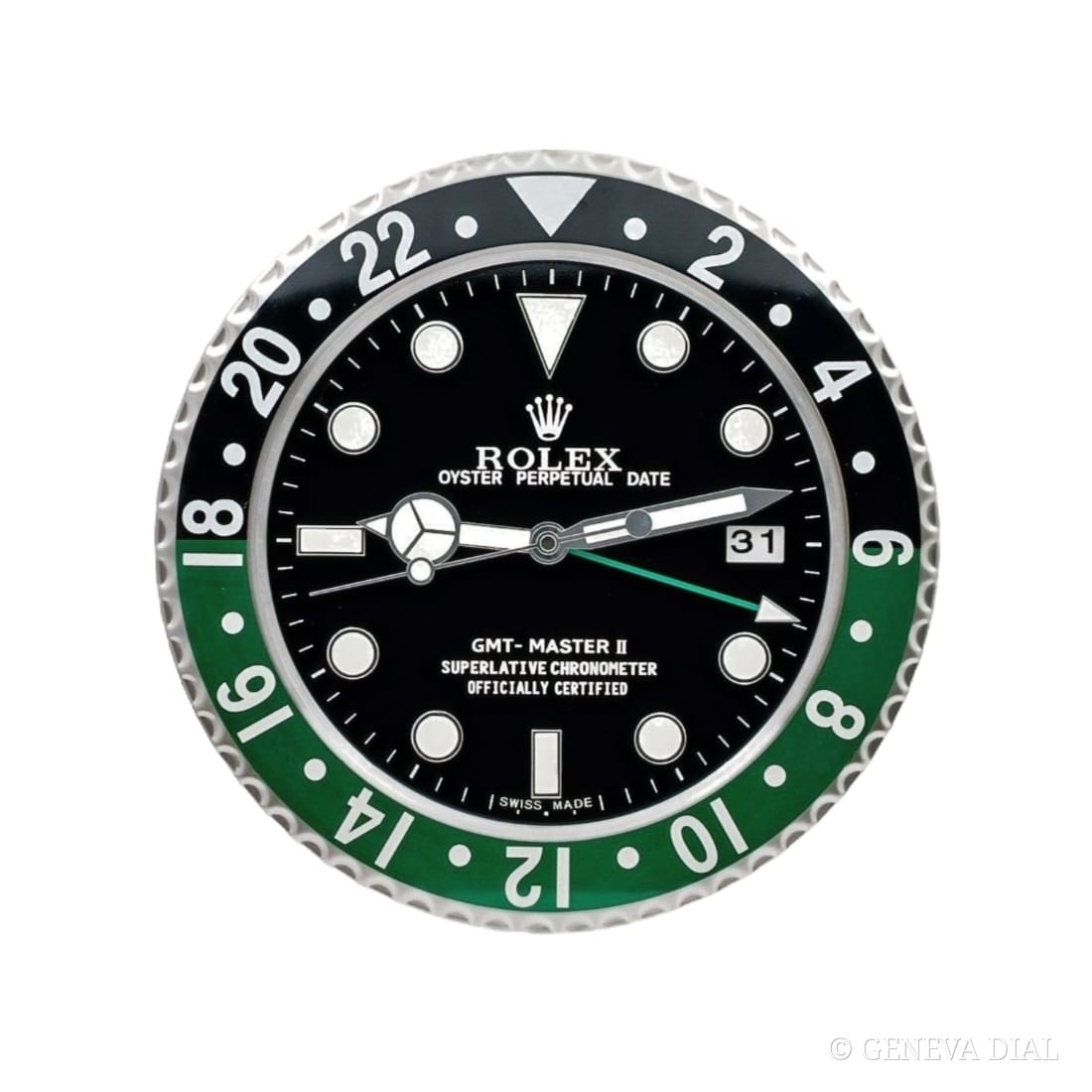 Horloge murale de luxe GENEVA DIAL 40 cm style GMT Master II Sprite boîtier acier inoxydable 304L verre minéral loupe date