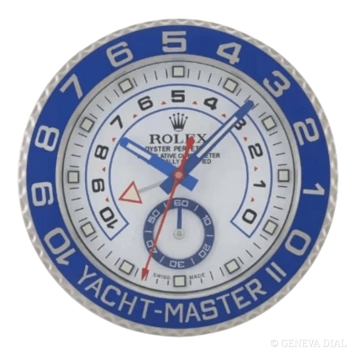GENEVA DIAL 40cm 럭셔리 벽시계 Rolex Yacht-Master II Style Wall Clock – Silver Edition with Marine Blue Bezel 스타일, 블루 · 실버 다이얼, 304L 스테인리스 스틸 케이스, 미네랄 글라스, 날짜 확대 렌즈