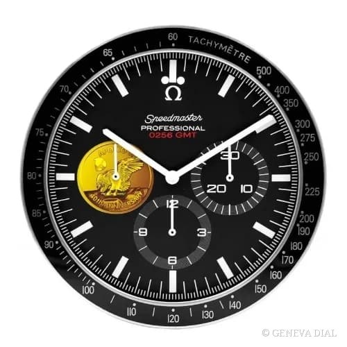 Relógio de parede de luxo GENEVA DIAL 40 cm estilo Apollo 11 40th Anniversary Black & Gold, mostrador preto e champanhe dourado, caixa em aço inoxidável 304L, vidro mineral, lupa de data