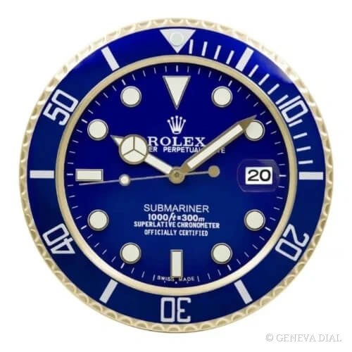 Horloge murale de luxe GENEVA DIAL 40 cm style 16 Inch XXL Submariner Wall Clock – Blue & Gold cadran bleu et champagne doré boîtier acier inoxydable 304L verre minéral loupe date