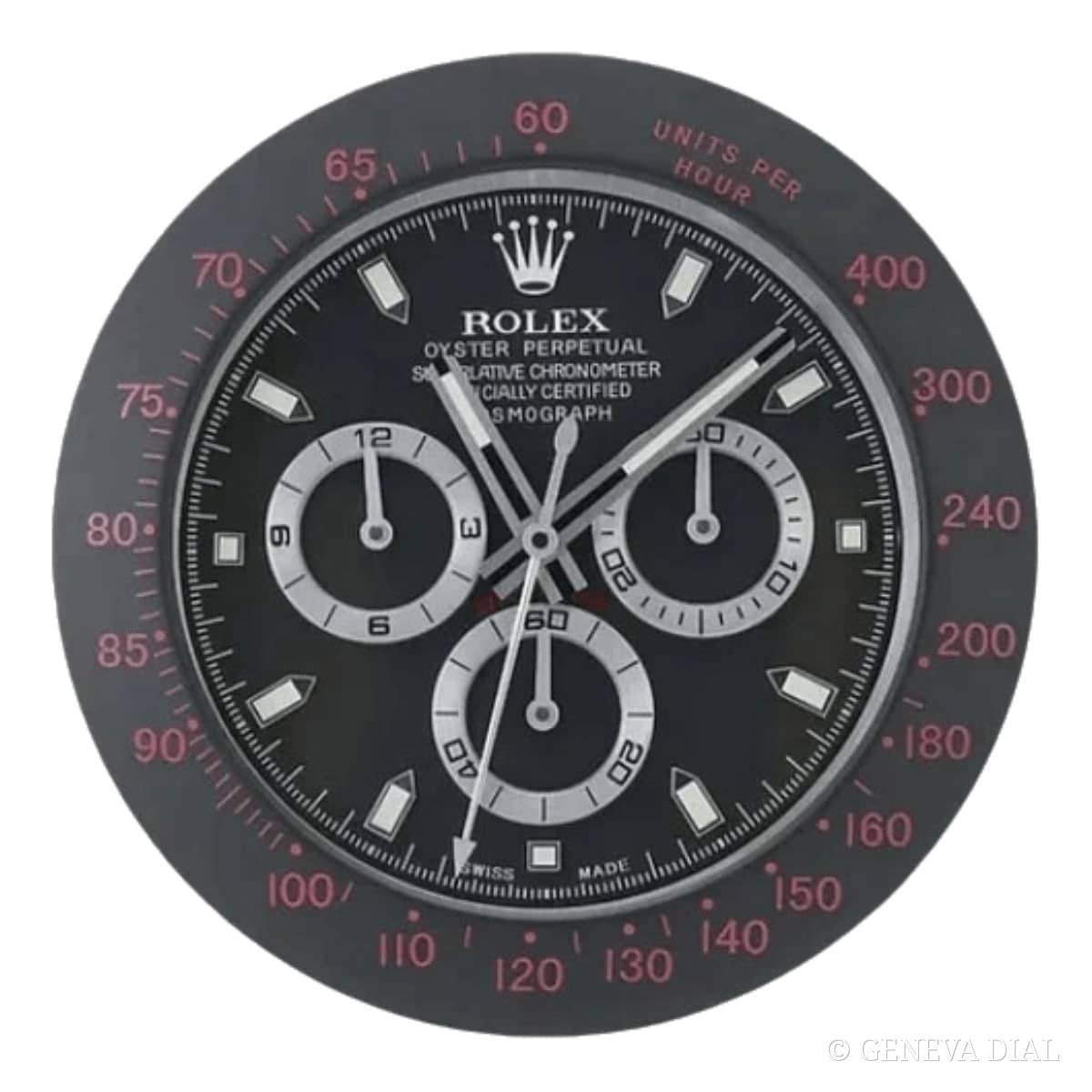 Horloge murale de luxe GENEVA DIAL 40 cm style Rolex Daytona Style Wall Clock – Black & Red Racing Edition cadran noir et rouge boîtier acier inoxydable 304L verre minéral loupe date
