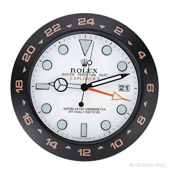 Horloge murale de luxe GENEVA DIAL 40 cm style Rolex Explorer II Wall Clock – Orange Number Bezel & White Dial | 34 cm cadran blanc boîtier acier inoxydable 304L verre minéral loupe date