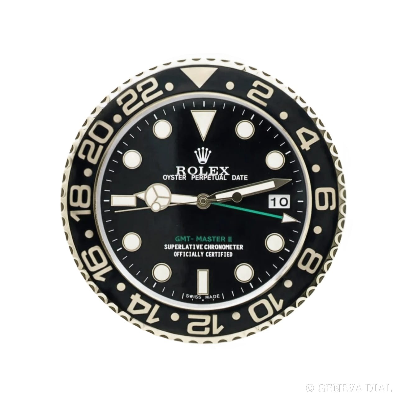 Horloge murale de luxe GENEVA DIAL 40 cm style GMT Master II, Black and Gold cadran noir et champagne doré boîtier acier inoxydable 304L verre minéral loupe date