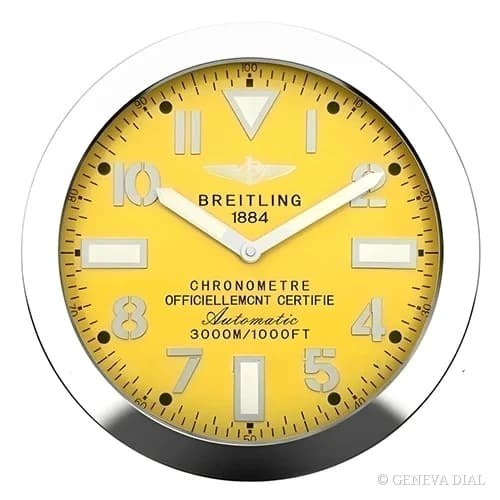 Reloj de pared de lujo GENEVA DIAL 40 cm estilo Superocean Heritage Stainless Steel & Cobra Yellow, esfera plateado, caja de acero inoxidable 304L, cristal mineral, lupa de fecha