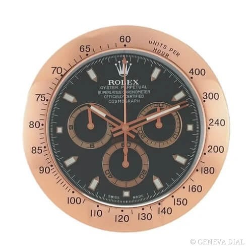 Horloge murale de luxe GENEVA DIAL 40 cm style Cosmograph Daytona Wall Clock – Everose Gold & Black Dial cadran noir et rose boîtier acier inoxydable 304L verre minéral loupe date