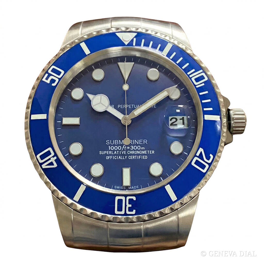 Horloge murale de luxe GENEVA DIAL 40 cm style 16 Inch XXL Submariner Wall Clock – Blue cadran bleu boîtier acier inoxydable 304L verre minéral loupe date