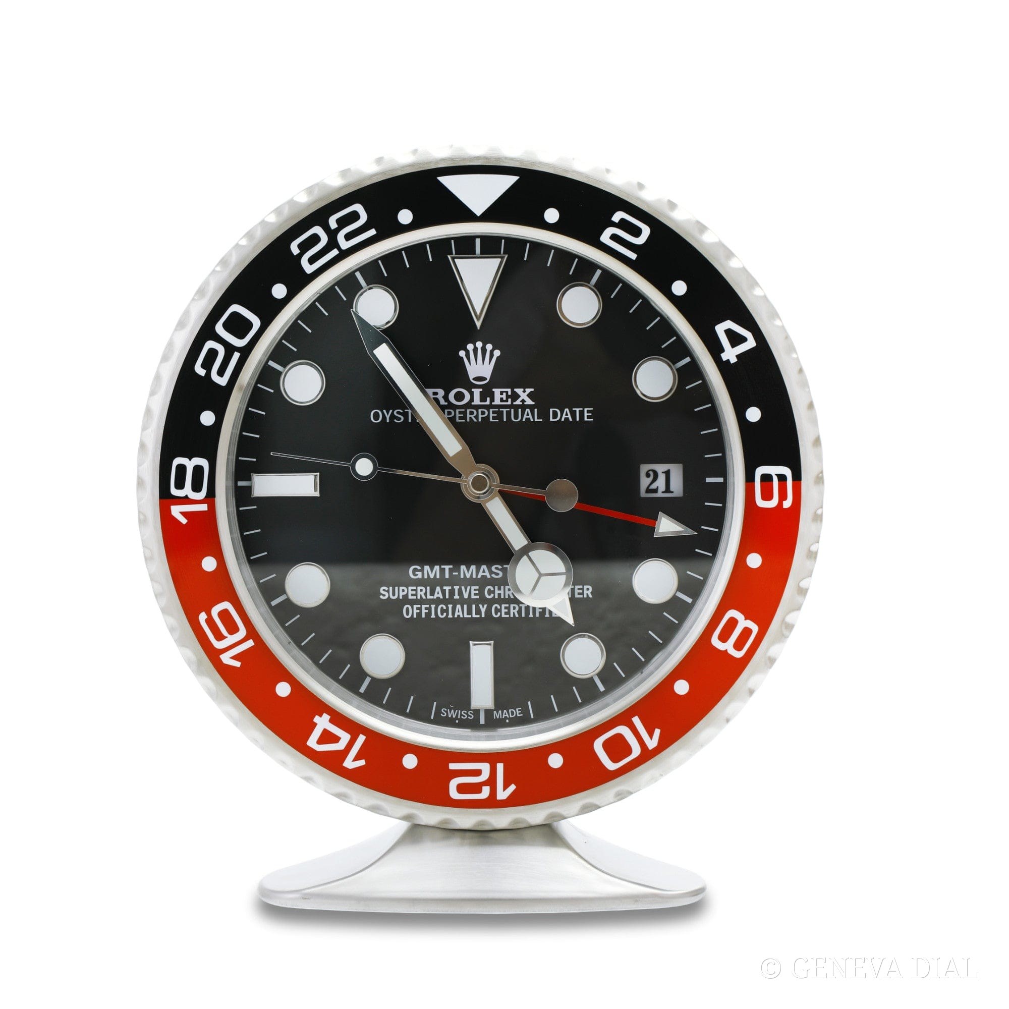 Horloge de bureau compacte 15 cm GENEVA DIAL style GMT-Master, Coke boîtier acier massif silencieux