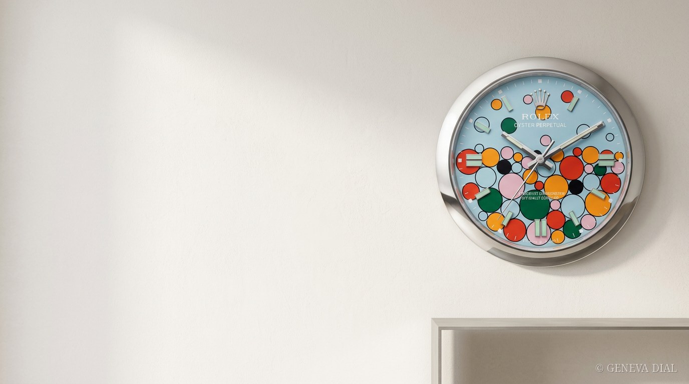 Celebration Zifferblatt in lebendigen Farben, Stahllünette und helle Wand — Atelier-Komposition von GENEVA DIAL