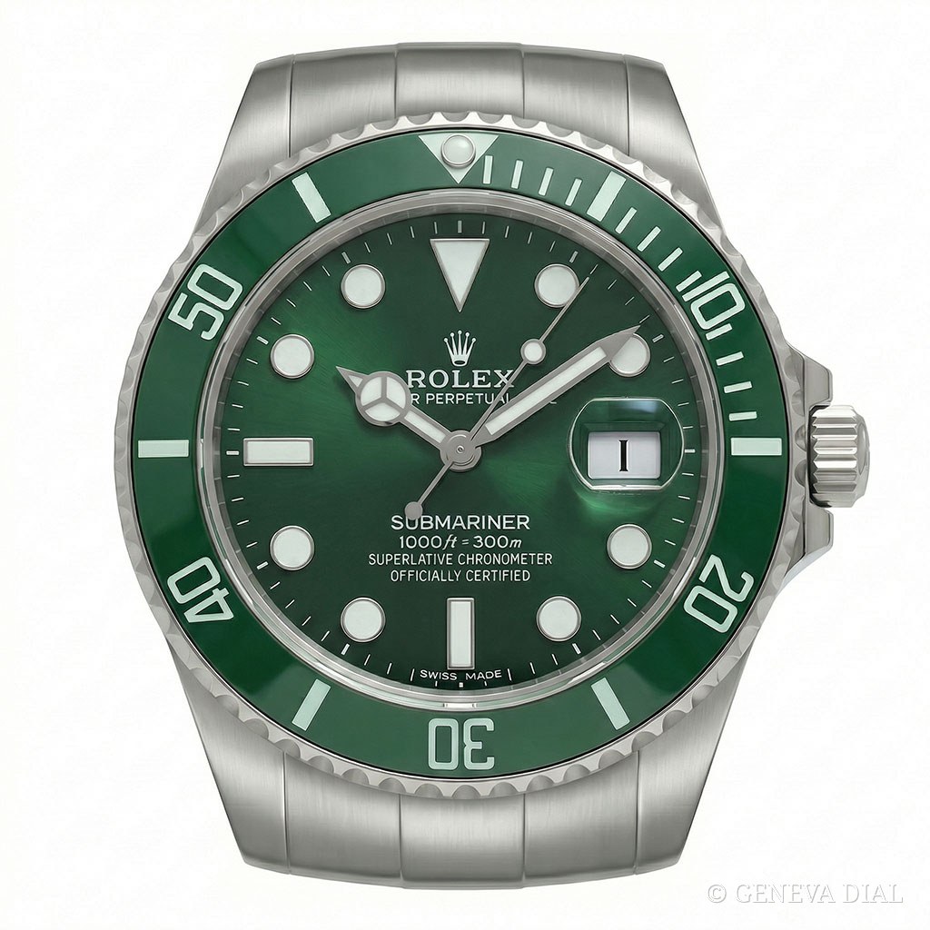 Horloge murale de luxe GENEVA DIAL 40 cm style Horloge Murale XXL Submariner Hulk Vert & Acier cadran vert boîtier acier inoxydable 304L verre minéral loupe date