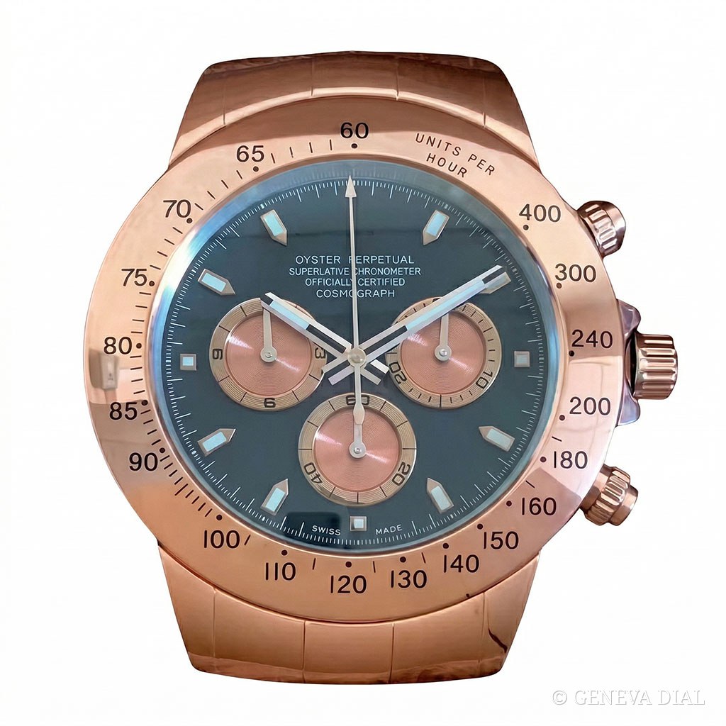 Horloge murale de luxe GENEVA DIAL 40 cm style Horloge Murale XXL Daytona Cosmograph Or Rose & Gris Rhodium cadran rose et argent boîtier acier inoxydable 304L verre minéral loupe date