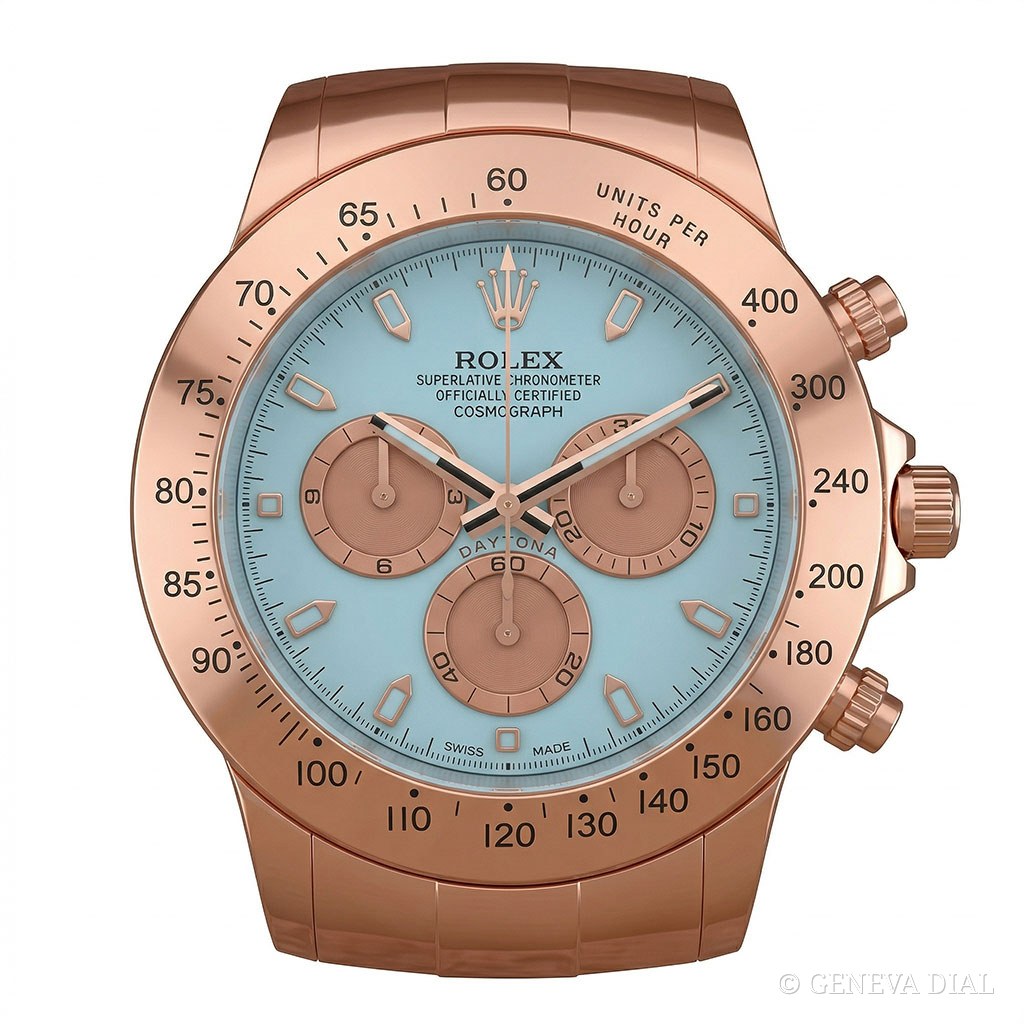Horloge murale de luxe GENEVA DIAL 40 cm style Horloge Murale XXL Daytona Cosmograph Or Rose & Bleu Glacier cadran bleu et rose boîtier acier inoxydable 304L verre minéral loupe date