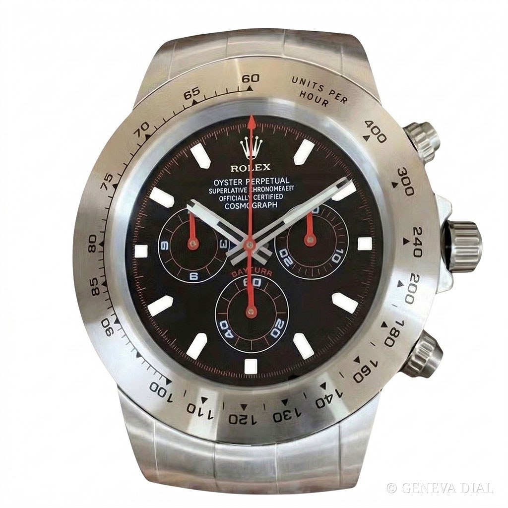 Horloge murale de luxe GENEVA DIAL 40 cm style Horloge Murale XXL Daytona Cosmograph Acier, Noir & Aiguilles Rouges cadran noir et rouge boîtier acier inoxydable 304L verre minéral loupe date