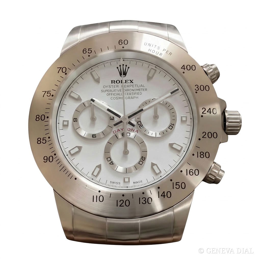Horloge murale de luxe GENEVA DIAL 40 cm style Horloge Murale XXL Daytona Cosmograph Acier & Blanc Pur cadran blanc boîtier acier inoxydable 304L verre minéral loupe date